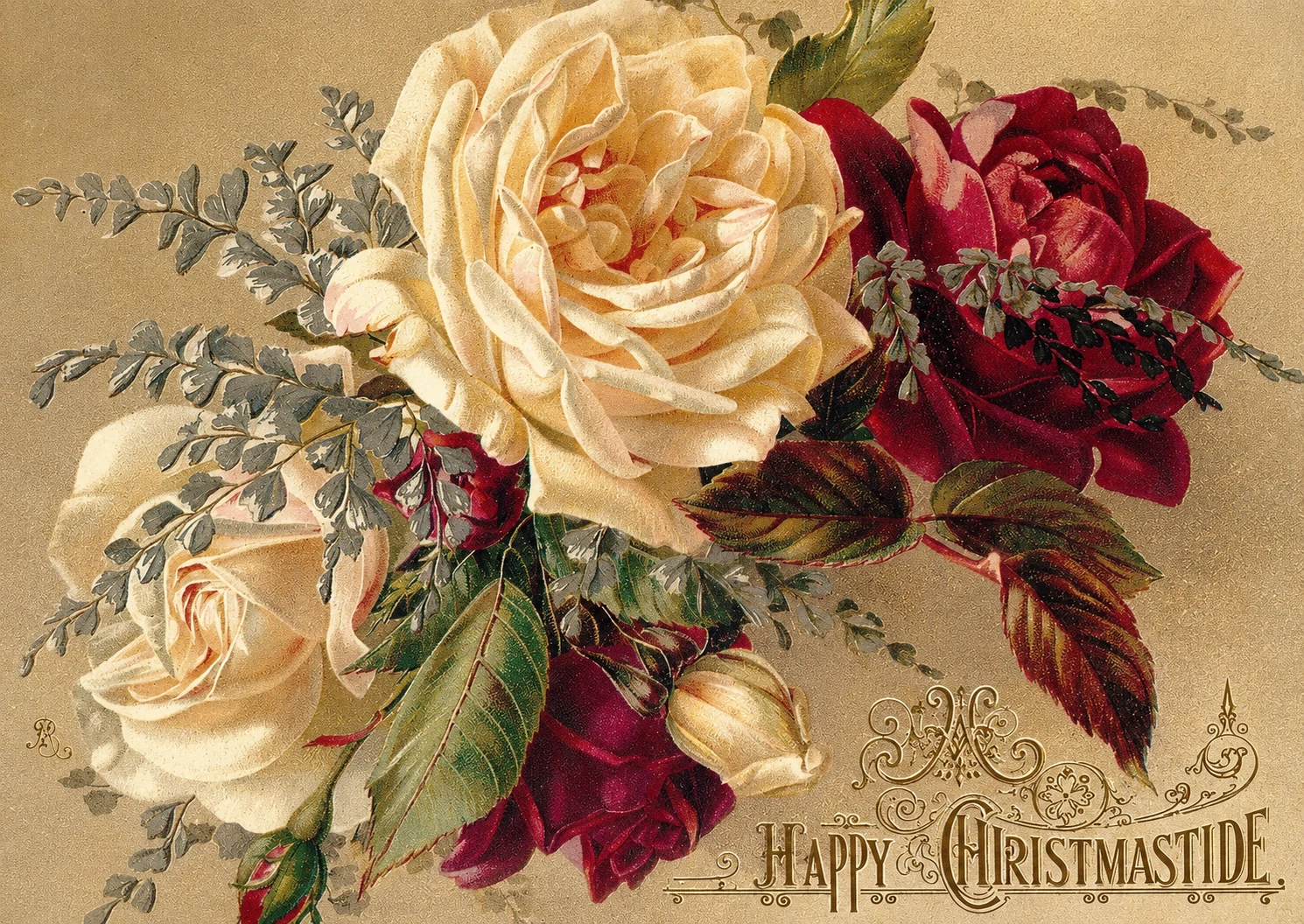 Ein Strauß weißer und dunkelroter Rosen mit zarten Farnzweigen auf goldenem Grund, darunter in verzierter Schrift „Happy Christmastide“