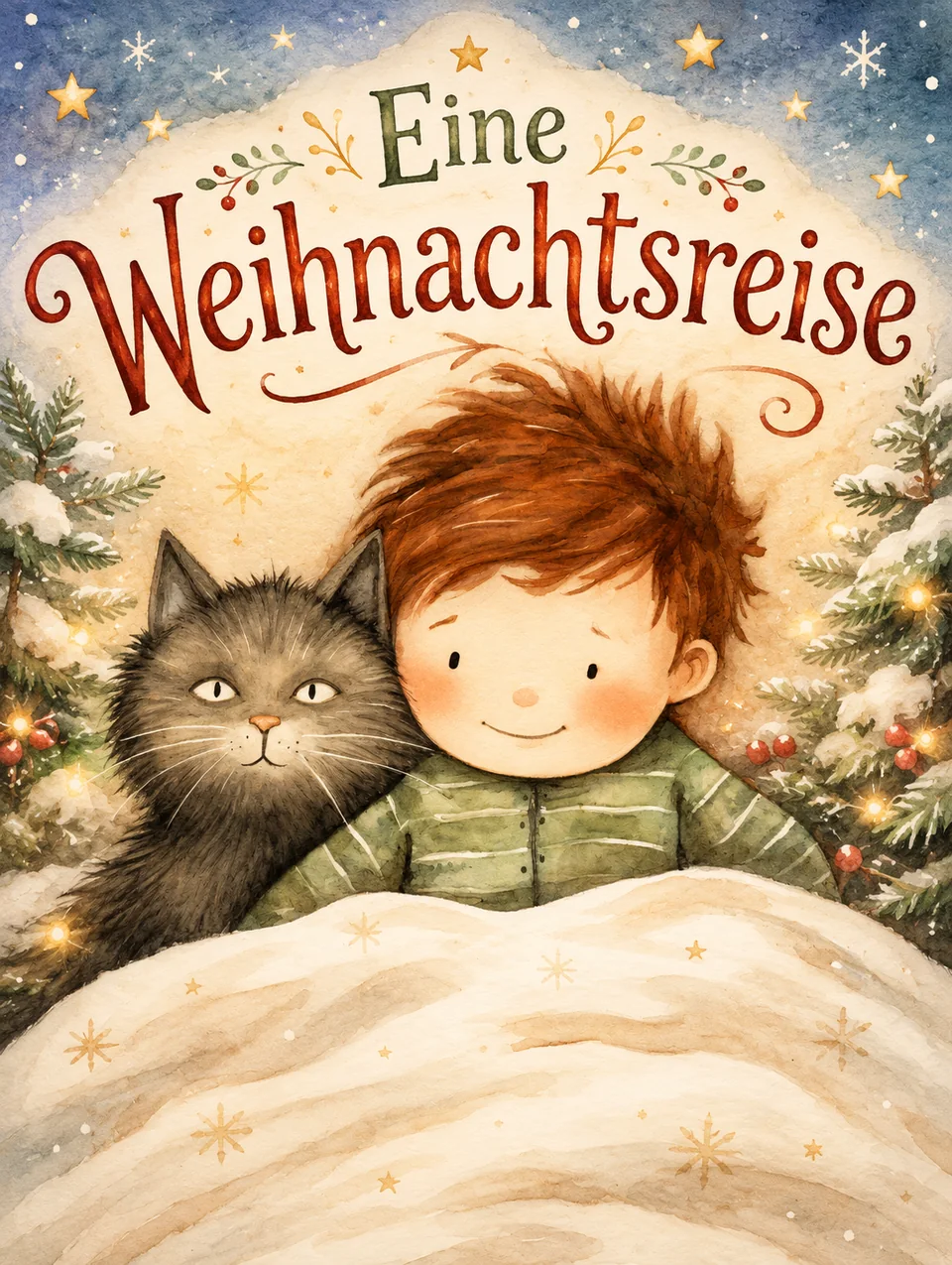 Illustration: ein Junge mit roten Haaren und eine graue Katze unter einer Decke, Sterne und Tannen – „Eine Weihnachtsreise“
