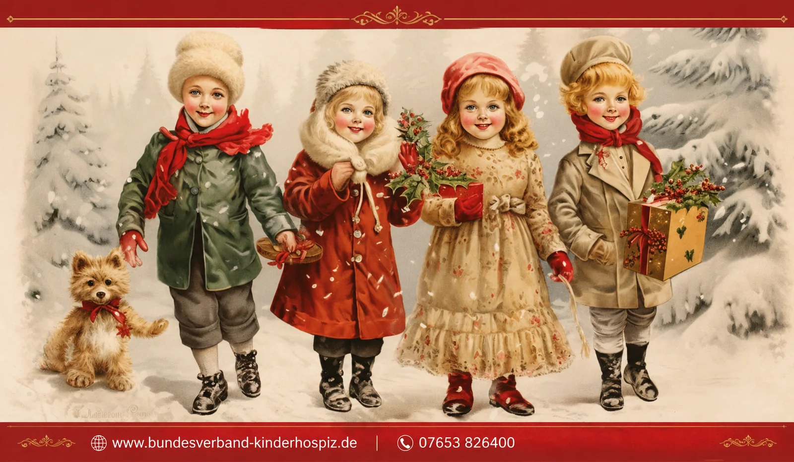 Vier Kinder in Wintermänteln mit Geschenken im Schnee, ein kleiner Hund – Bundesverband Kinderhospiz