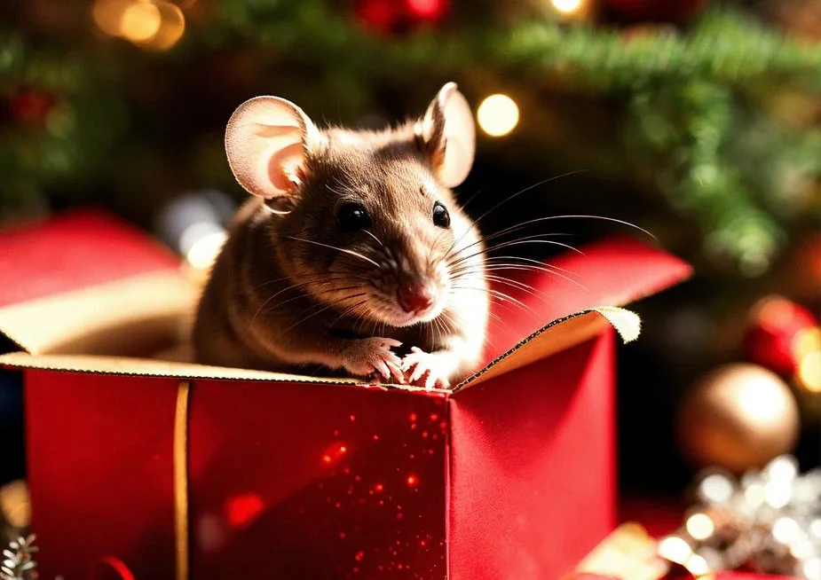 Eine kleine Maus schaut aus einem roten Geschenkkarton, dahinter Lichter am Weihnachtsbaum